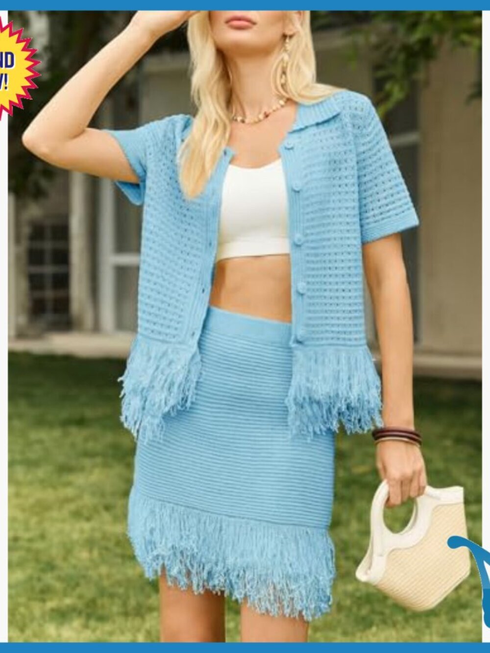 Crochet Button Sweater Fringe Skirt Set Summer Beach Cover Up - Picture 3 of 7